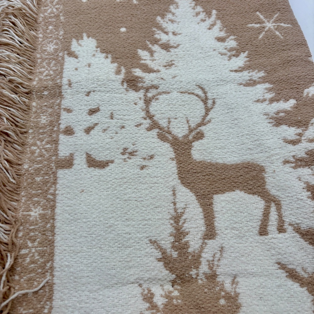 Aspen Decorative Christmas Throw Blanket Neutral Tan Cream Trees Deer Cabin - Picture 3 of 9